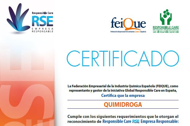 Quimidroga is awarded again with the distinction of Responsible Care RSE Certification of Responsible Company